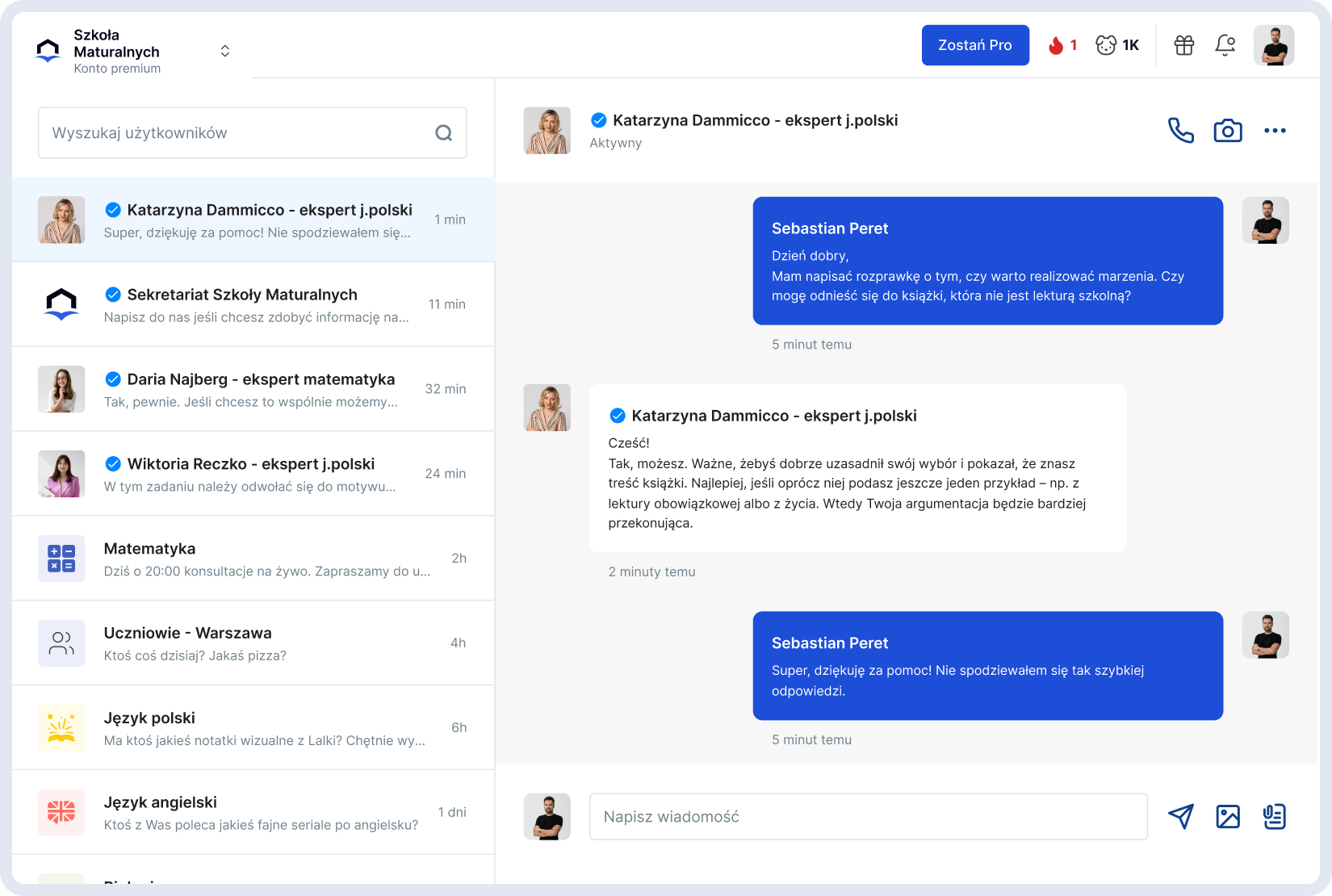 Chat z nauczycielem na platformie do edukacji domowej